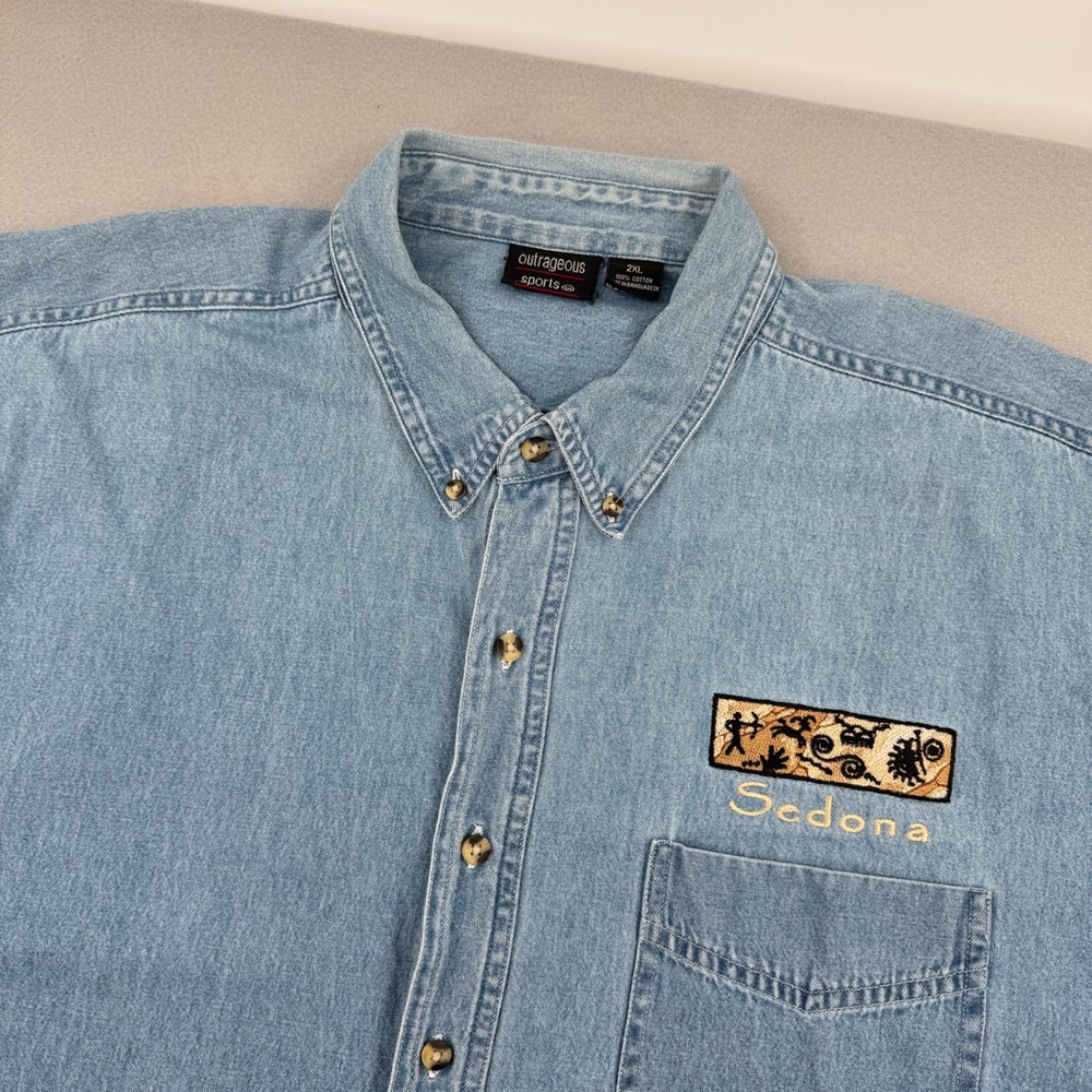 Vintage 90s Blue Denim Short Sleeve Button Down Mens XXL Southwestern Gorpcore